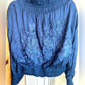 Navy silk feel bomber jacket with flower embroidery